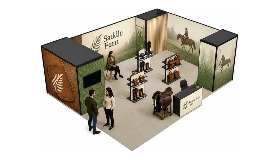 Stoisko 8 × 6 m narożne prawe dla branży jeździectwo, przykładowa marka Saddle Fern