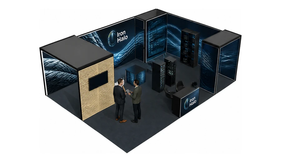 Stoisko 8 × 6 m narożne prawe dla branży infrastruktura IT i data center, przykładowa marka Iron Halo