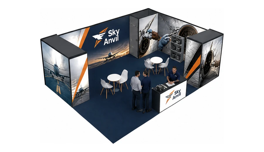Stoisko 8 × 6 m narożne prawe dla branży lotnictwo, przykładowa marka Sky Anvil