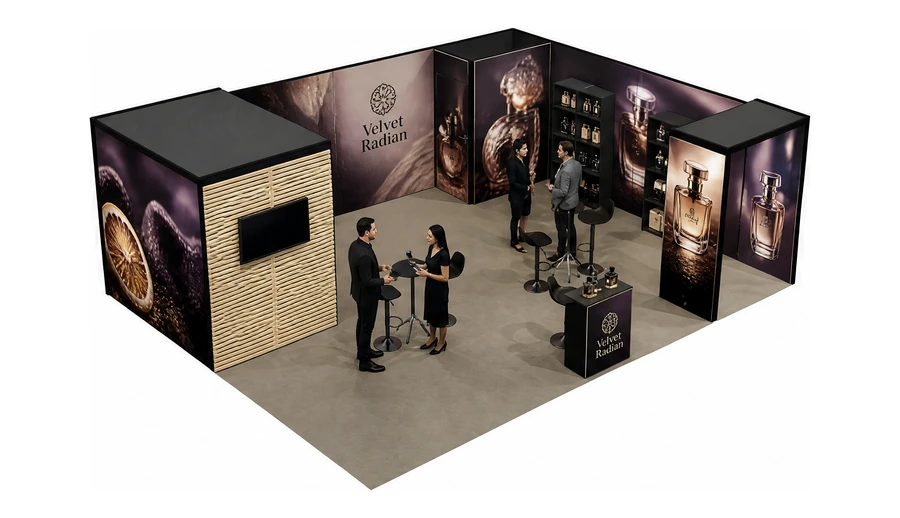 Stoisko 8 × 6 m narożne prawe dla branży perfumy, przykładowa marka Velvet Radian