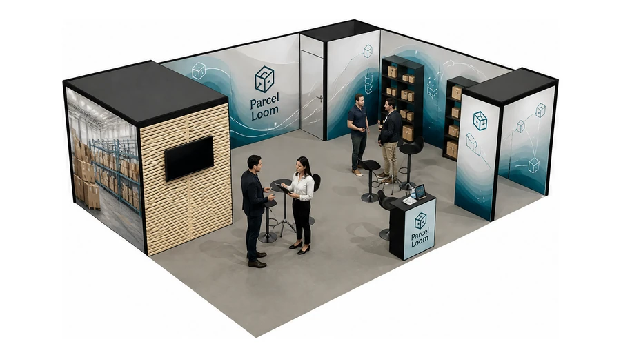 Stoisko 8 × 6 m narożne prawe dla branży e-commerce, przykładowa marka Parcel Loom