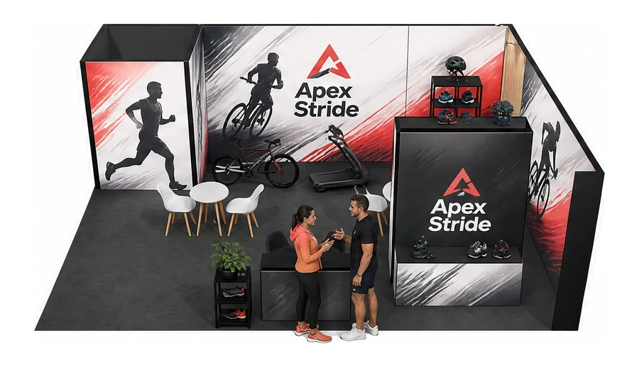 Stoisko 8 × 6 m narożne prawe dla branży sprzęt sportowy, przykładowa marka Apex Stride