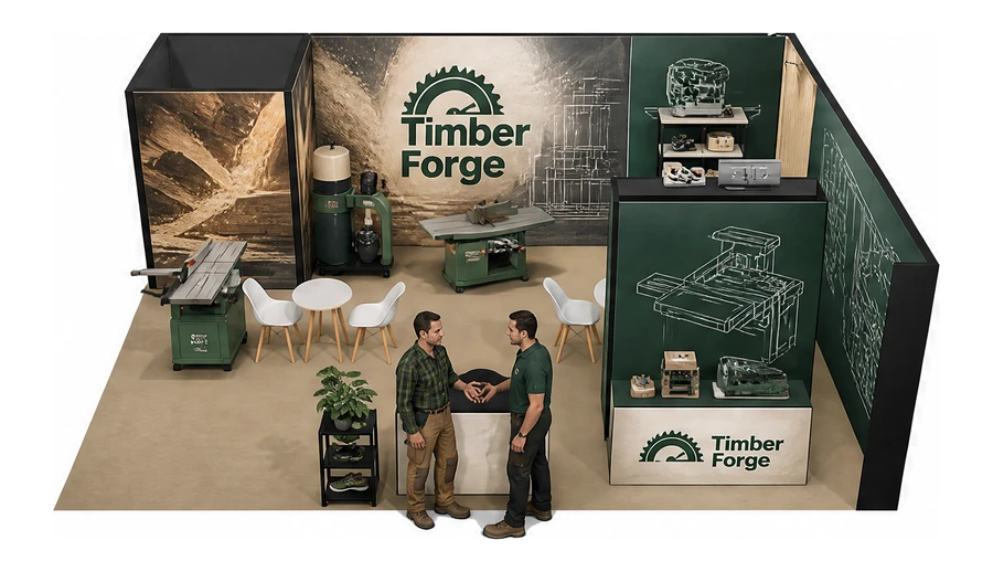 Stoisko 8 × 6 m narożne prawe dla branży maszyny do obróbki drewna, przykładowa marka Timber Forge
