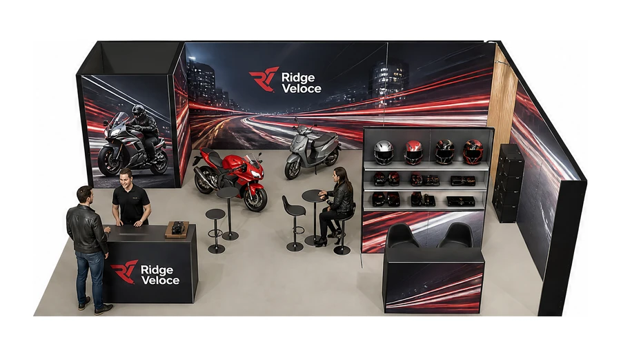 Stoisko 8 × 6 m narożne prawe dla branży motocykle i skutery, przykładowa marka Ridge Veloce