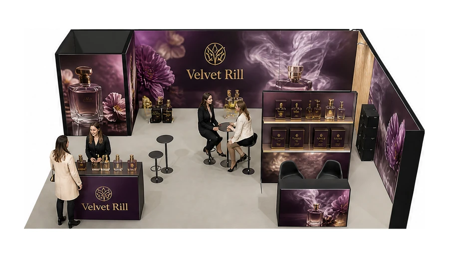 Stoisko 8 × 6 m narożne prawe dla branży perfumy, przykładowa marka Velvet Rill