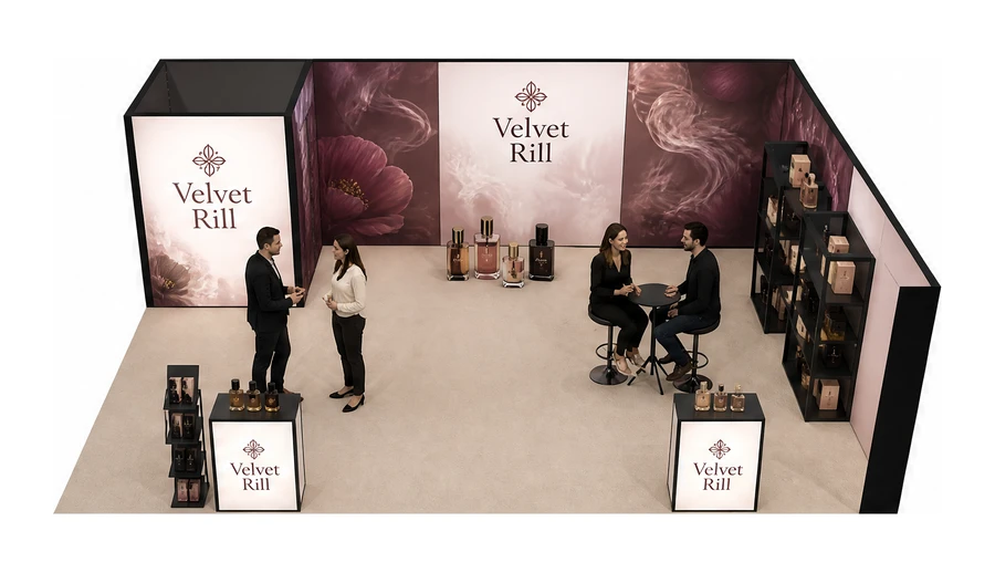 Stoisko 8 × 6 m narożne prawe dla branży perfumy, przykładowa marka Velvet Rill