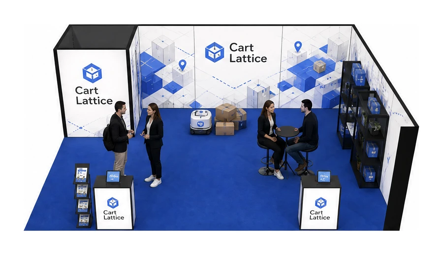 Stoisko 8 × 6 m narożne prawe dla branży e-commerce, przykładowa marka Cart Lattice