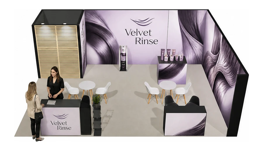 Stoisko 8 × 6 m narożne prawe dla branży fryzjerstwo i salony beauty, przykładowa marka Velvet Rinse