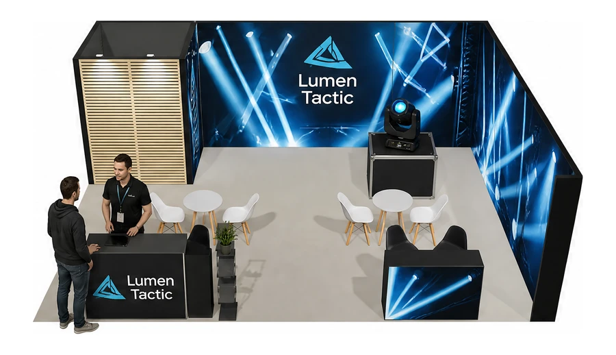 Stoisko 8 × 6 m narożne prawe dla branży branża eventowa, przykładowa marka Lumen Tactic