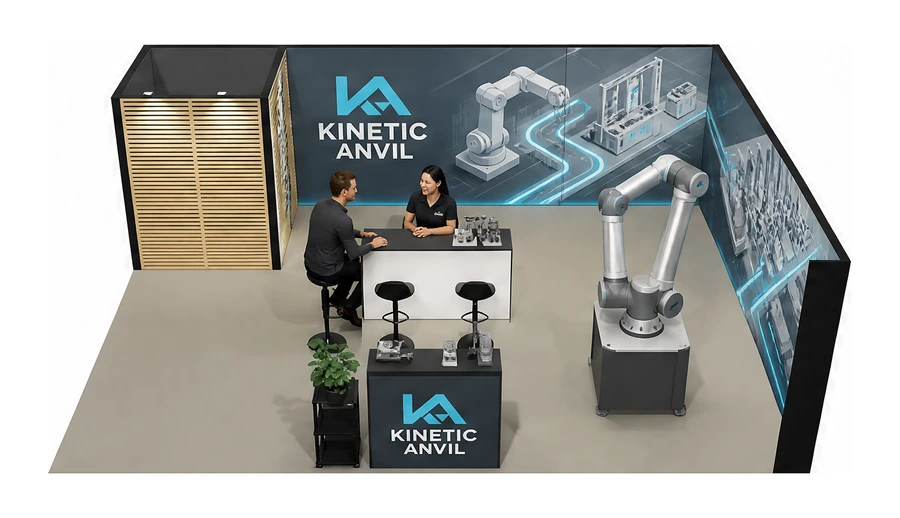 Stoisko 8 × 6 m narożne prawe dla branży automatyka przemysłowa, przykładowa marka Kinetic Anvil