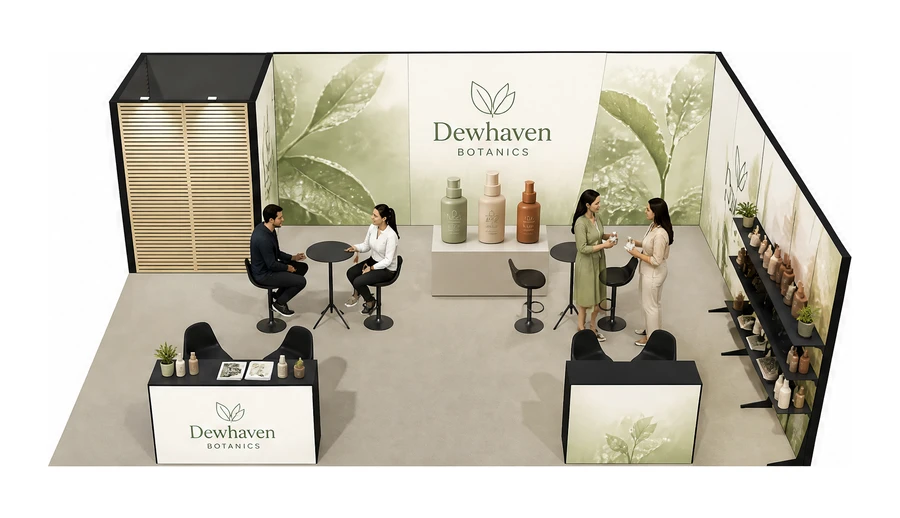 Stoisko 8 × 6 m narożne prawe dla branży kosmetyki naturalne, przykładowa marka Dewhaven Botanics