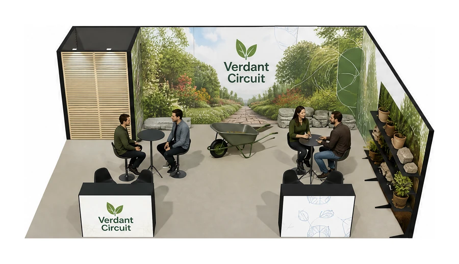 Stoisko 8 × 6 m narożne prawe dla branży ogród i architektura krajobrazu, przykładowa marka Verdant Circuit