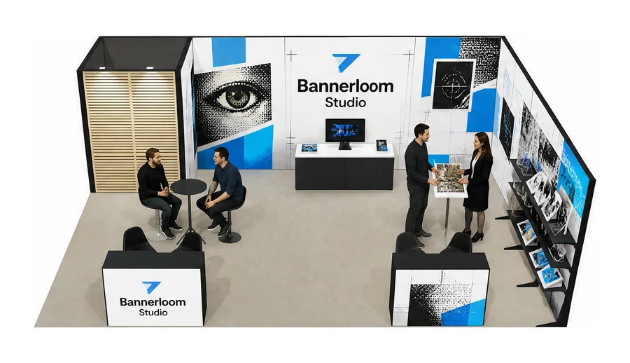 Stoisko 8 × 6 m narożne prawe dla branży reklama i druk, przykładowa marka Bannerloom Studio