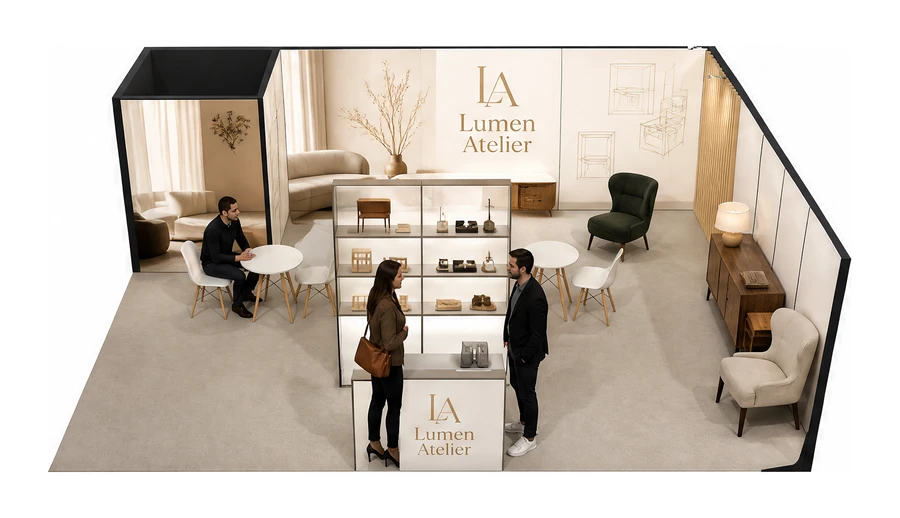 Stoisko 8 × 6 m narożne prawe dla branży meble designerskie, przykładowa marka Lumen Atelier