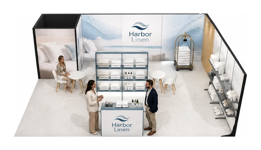 Stoisko 8 × 6 m narożne prawe dla branży wyposażenie hoteli, przykładowa marka Harbor Linen