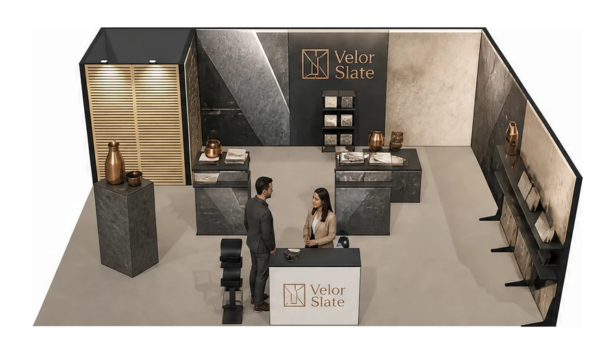 Stoisko 8 × 6 m narożne prawe dla branży wykończenie wnętrz, przykładowa marka Velor Slate