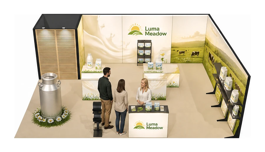 Stoisko 8 × 6 m narożne prawe dla branży nabiał i mleczarstwo, przykładowa marka Luma Meadow