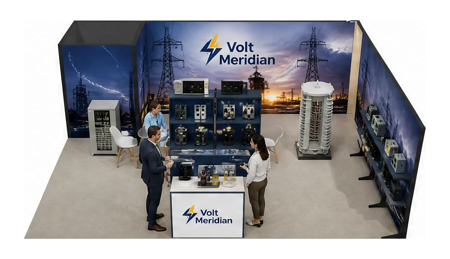 Stoisko 8 × 6 m narożne prawe dla branży energetyka i sieci, przykładowa marka Volt Meridian