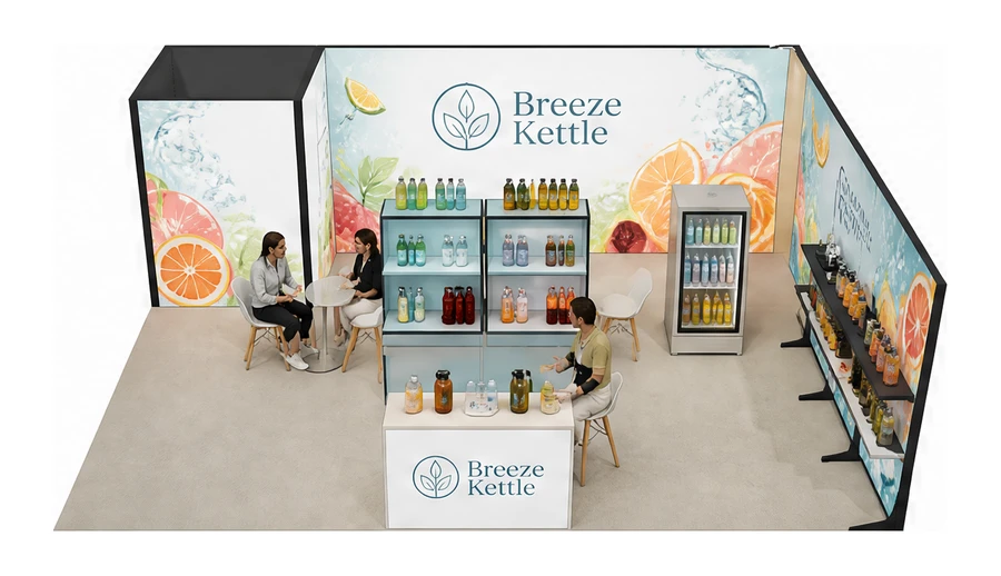 Stoisko 8 × 6 m narożne prawe dla branży napoje, przykładowa marka Breeze Kettle