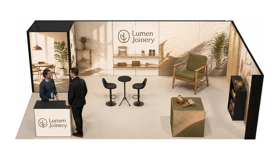 Stoisko 8 × 6 m narożne prawe dla branży meble designerskie, przykładowa marka Lumen Joinery