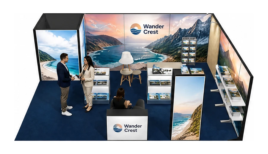 Stoisko 8 × 6 m narożne prawe dla branży biura podróży i regiony, przykładowa marka Wander Crest