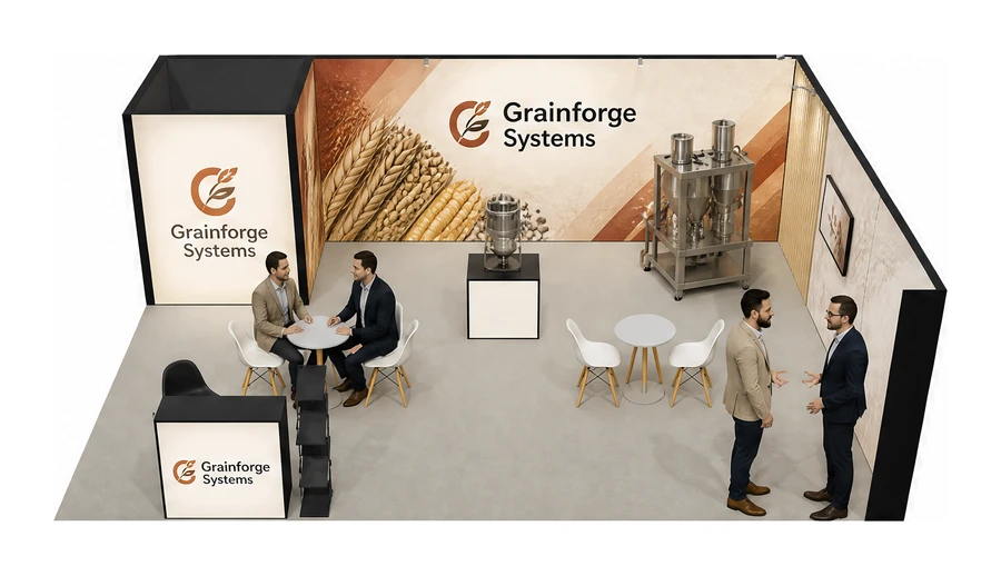 Stoisko 8 × 6 m narożne prawe dla branży technologie spożywcze, przykładowa marka Grainforge Systems