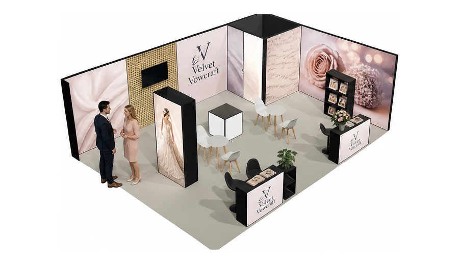 Stoisko 8 × 6 m narożne prawe dla branży branża ślubna, przykładowa marka Velvet Vowcraft
