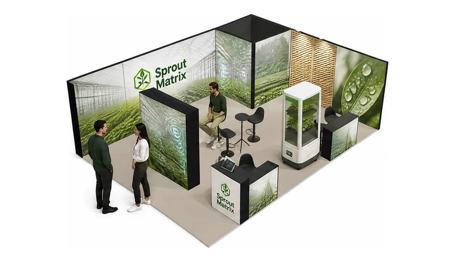 Stoisko 8 × 6 m narożne prawe dla branży sadownictwo i warzywnictwo, przykładowa marka Sprout Matrix