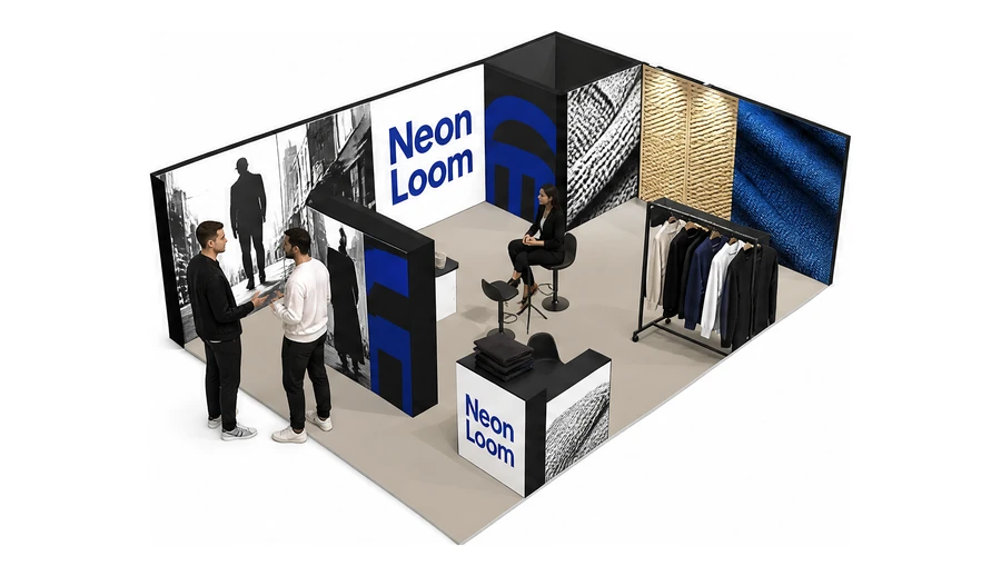Stoisko 8 × 6 m narożne prawe dla branży odzież i moda, przykładowa marka Neon Loom