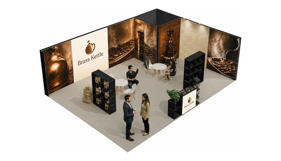 Stoisko 8 × 6 m narożne prawe dla branży palarnia kawy, przykładowa marka Brass Kettle