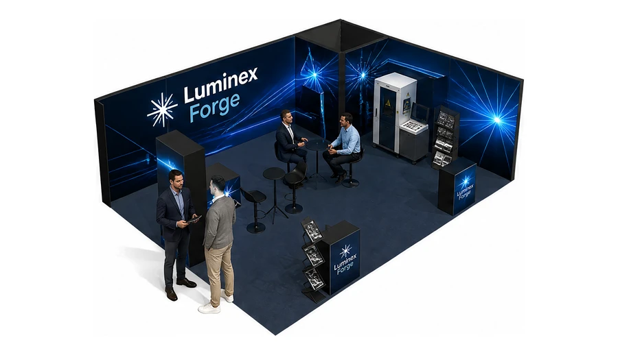 Stoisko 8 × 6 m narożne prawe dla branży technika laserowa i fotonika, przykładowa marka Luminex Forge