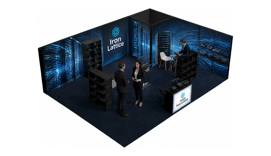 Stoisko 8 × 6 m narożne prawe dla branży infrastruktura IT i data center, przykładowa marka Iron Lattice