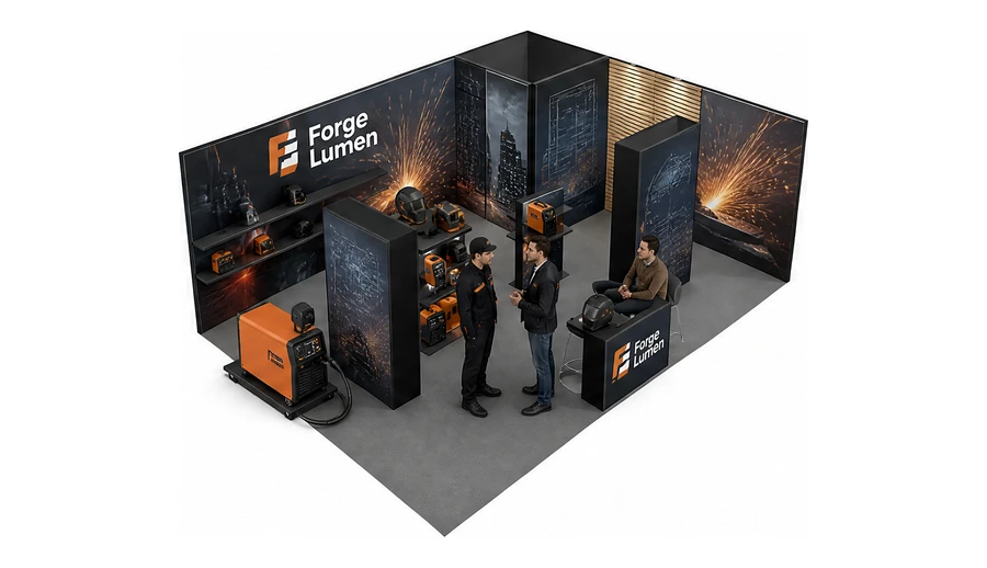 Stoisko 8 × 6 m narożne prawe dla branży spawalnictwo, przykładowa marka Forge Lumen
