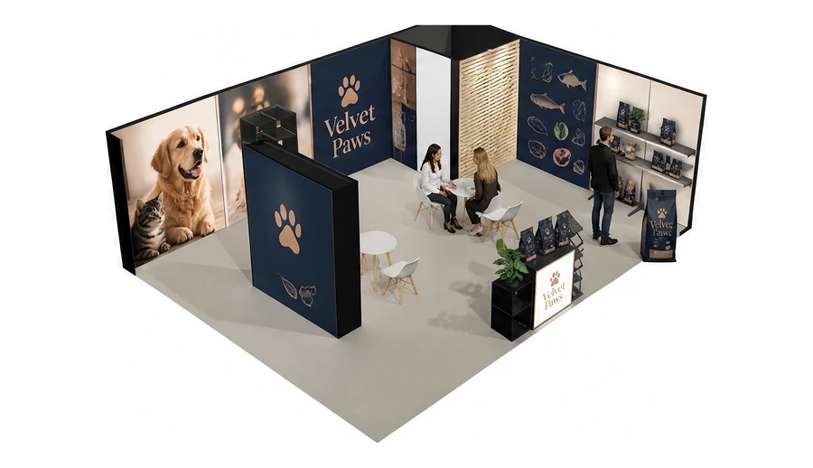 Stoisko 8 × 6 m narożne prawe dla branży karma dla zwierząt, przykładowa marka Velvet Paws