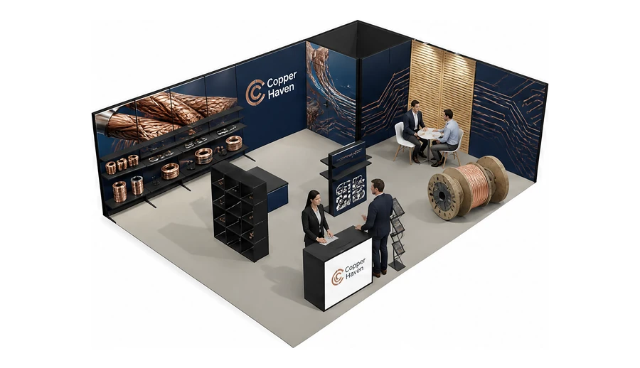 Stoisko 8 × 6 m narożne prawe dla branży kable i elektrotechnika, przykładowa marka Copper Haven