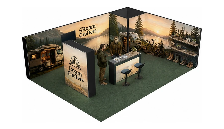 Stoisko 8 × 6 m narożne prawe dla branży caravaning i kampery, przykładowa marka Roam Crafters