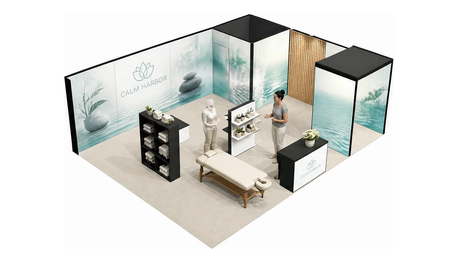 Stoisko 8 × 6 m narożne prawe dla branży spa i wellness, przykładowa marka Calm Harbor