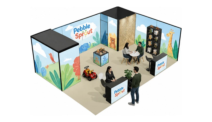 Stoisko 8 × 6 m narożne prawe dla branży zabawki i artykuły dziecięce, przykładowa marka Pebble Sprout