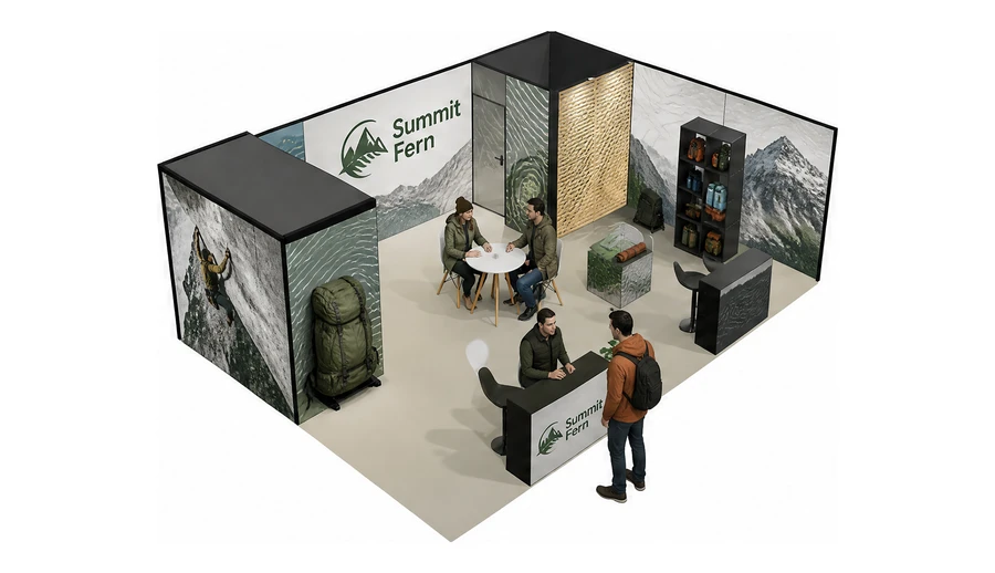 Stoisko 8 × 6 m narożne prawe dla branży odzież i sprzęt outdoorowy, przykładowa marka Summit Fern