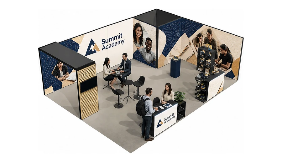 Stoisko 8 × 6 m narożne prawe dla branży edukacja i szkolenia, przykładowa marka Summit Academy