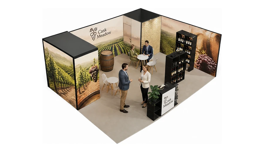 Stoisko 8 × 6 m narożne prawe dla branży winnica, przykładowa marka Cask Meadow
