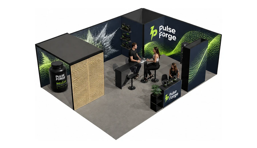 Stoisko 8 × 6 m narożne prawe dla branży suplementy diety, przykładowa marka Pulse Forge