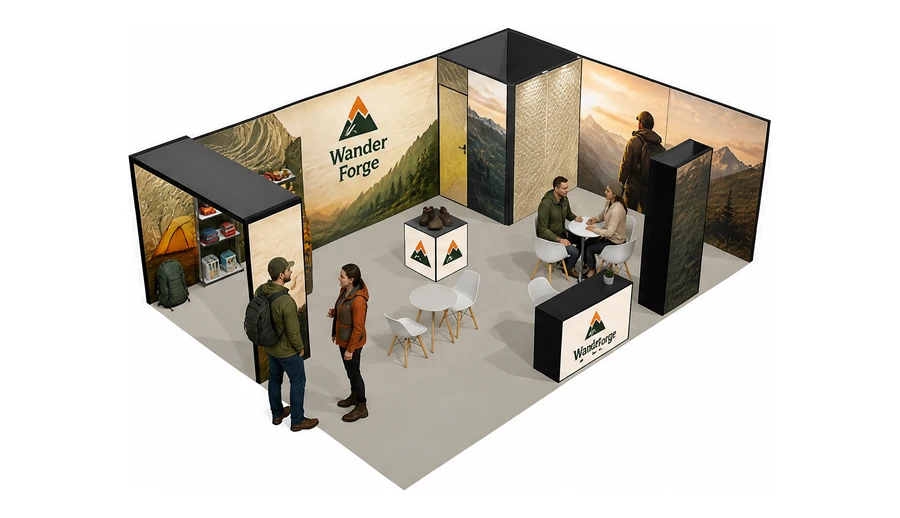 Stoisko 8 × 6 m narożne prawe dla branży odzież i sprzęt outdoorowy, przykładowa marka Wander Forge