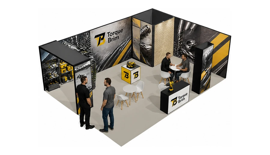 Stoisko 8 × 6 m narożne prawe dla branży elektronarzędzia, przykładowa marka Torque Brim