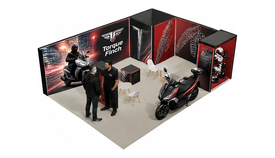 Stoisko 8 × 6 m narożne prawe dla branży motocykle i skutery, przykładowa marka Torque Finch