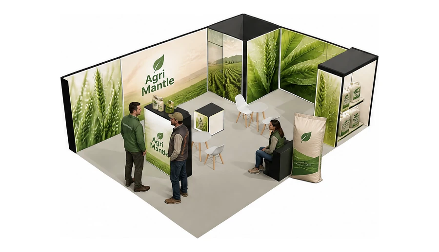 Stoisko 8 × 6 m narożne prawe dla branży nawozy i ochrona roślin, przykładowa marka Agri Mantle