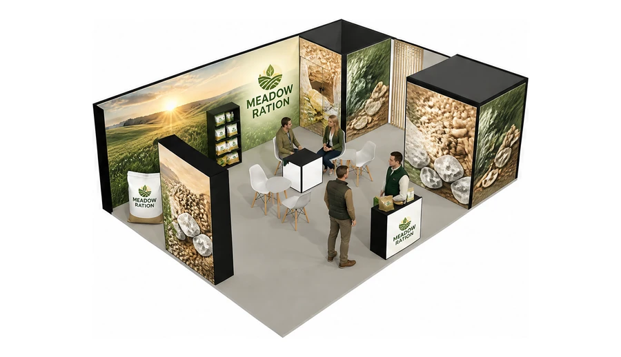 Stoisko 8 × 6 m narożne prawe dla branży hodowla i pasze, przykładowa marka Meadow Ration