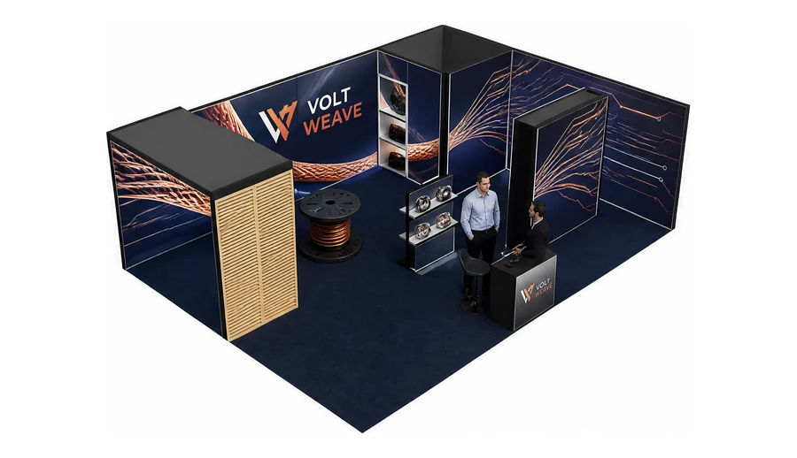 Stoisko 8 × 6 m narożne prawe dla branży kable i elektrotechnika, przykładowa marka Volt Weave