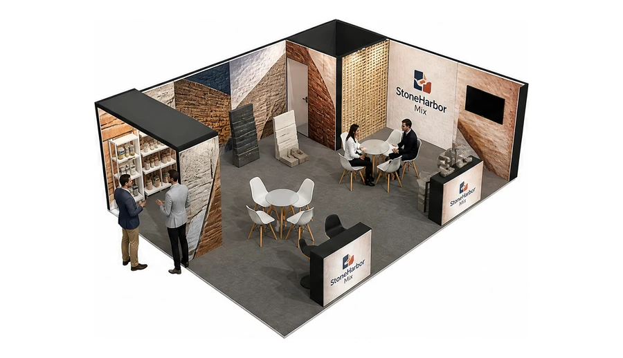 Stoisko 8 × 6 m narożne prawe dla branży materiały budowlane, przykładowa marka StoneHarbor Mix
