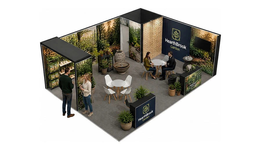 Stoisko 8 × 6 m narożne prawe dla branży ogród i architektura krajobrazu, przykładowa marka HearthBrook Garden